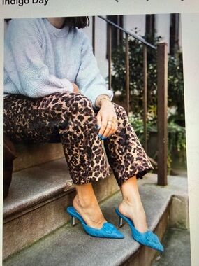 Larroude Denim Blue Pointed-Toe Slip-On Mules with Floral Buckle